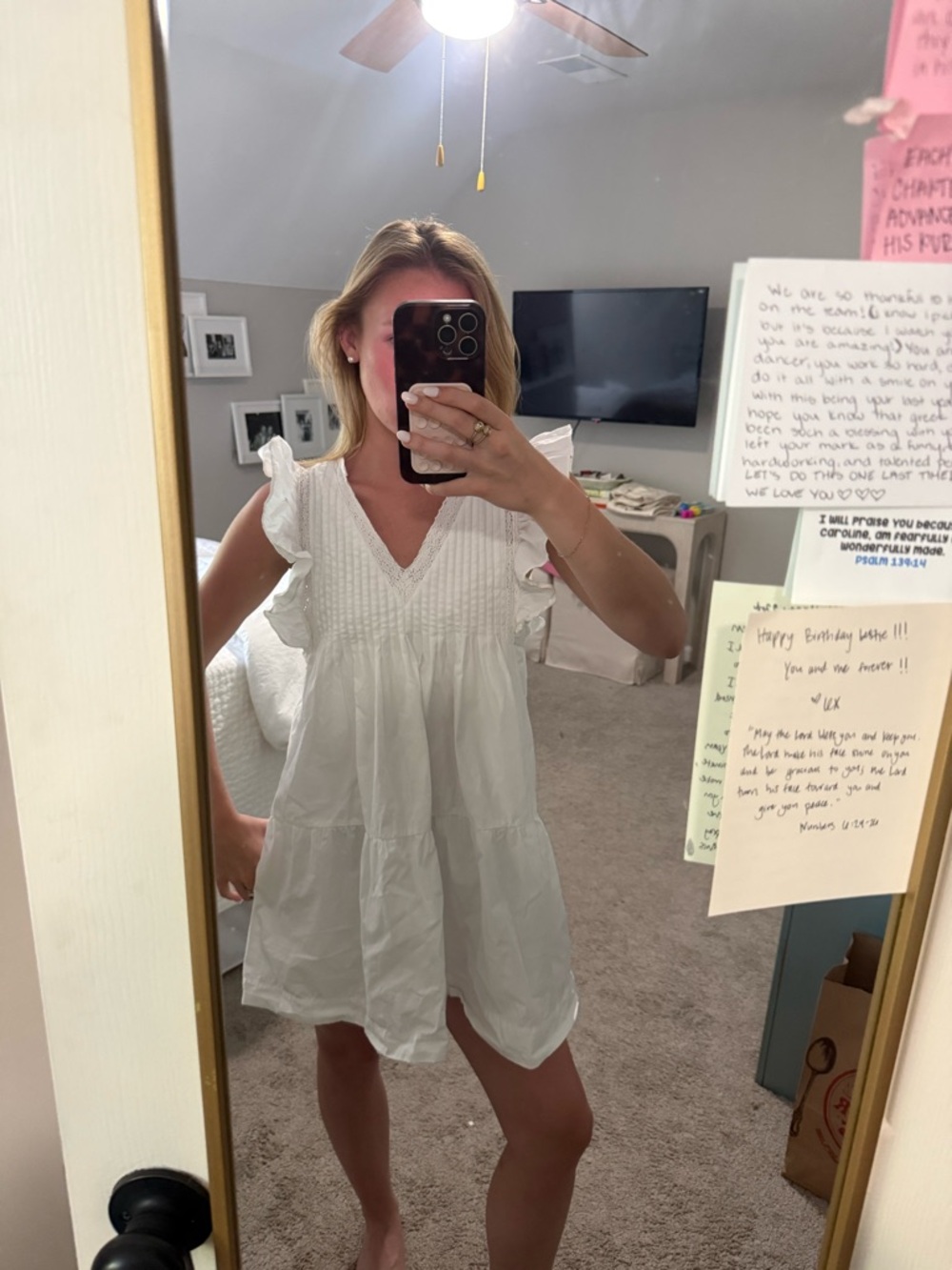 Aqua White V-Neck Pintuck Lace-Trim Dress